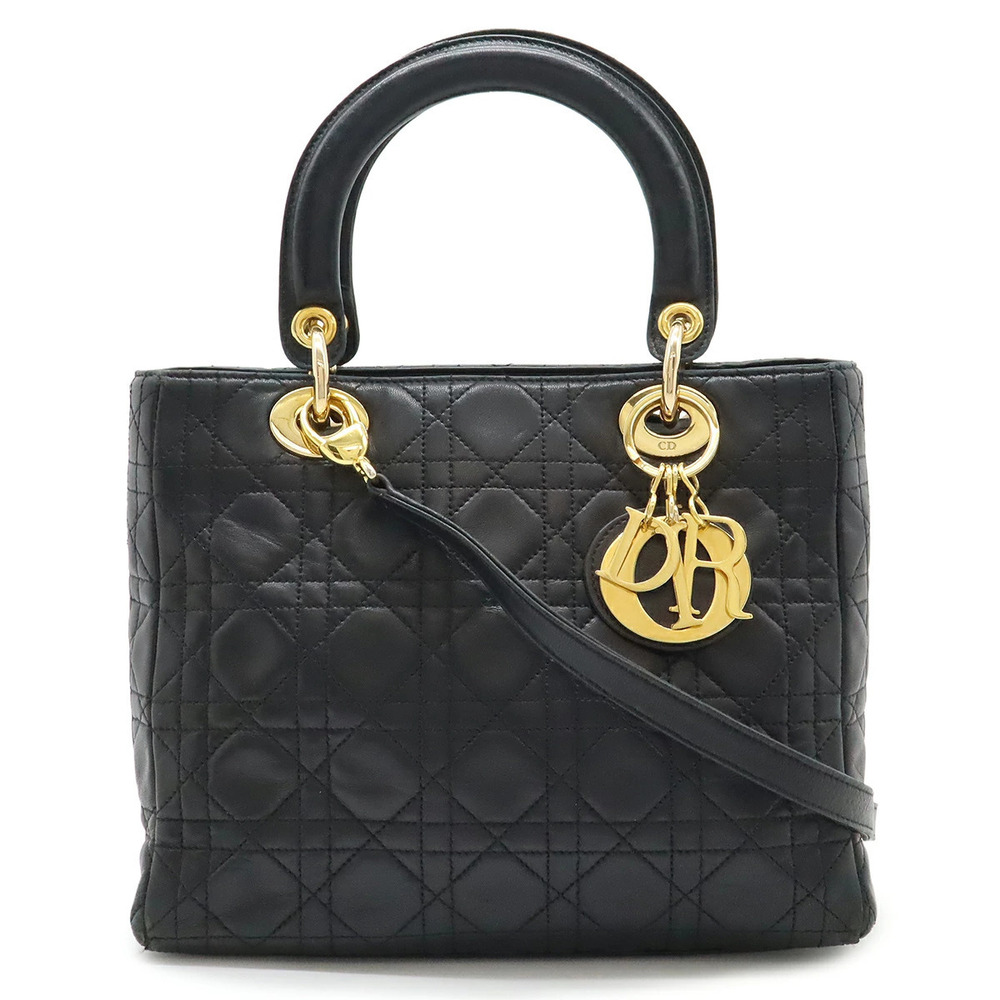 Christian Dior Lady Cannage 2way Shoulder Bag Leather Black